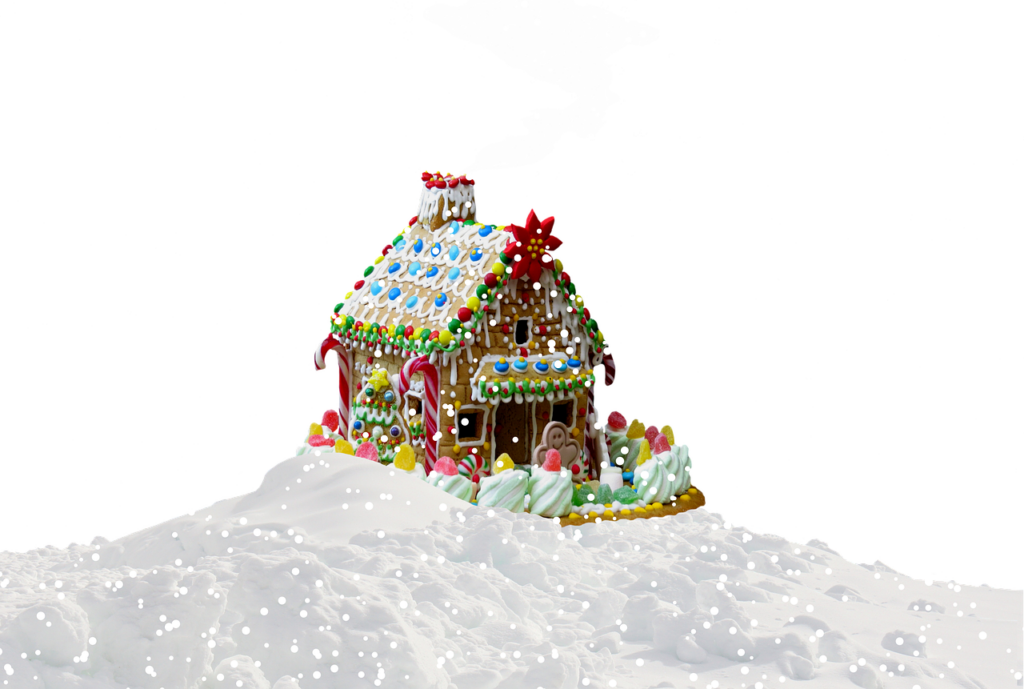 Charming Gingerbread House Wallpaper with Snowy Winter Background