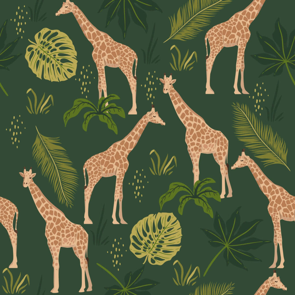 Charming Giraffe Wallpaper with Tropical Leaves - Serene Green Background