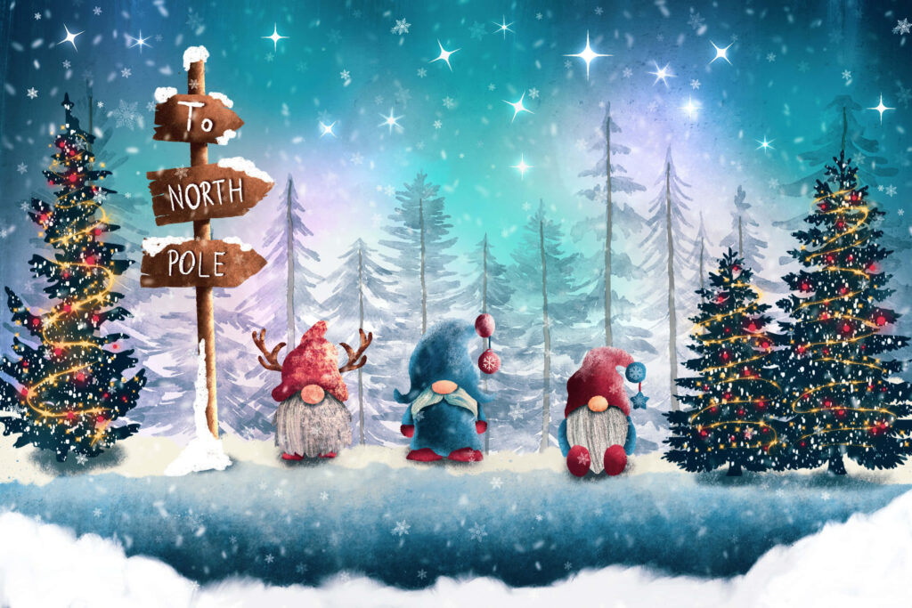 Charming Gnome Wallpaper: Magical Winter Wonderland with North Pole Sign