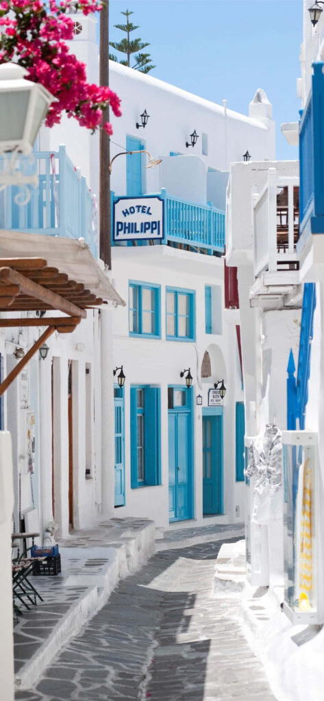 Charming Greek Island Wallpaper: Whitewashed Streets & Bougainvillea