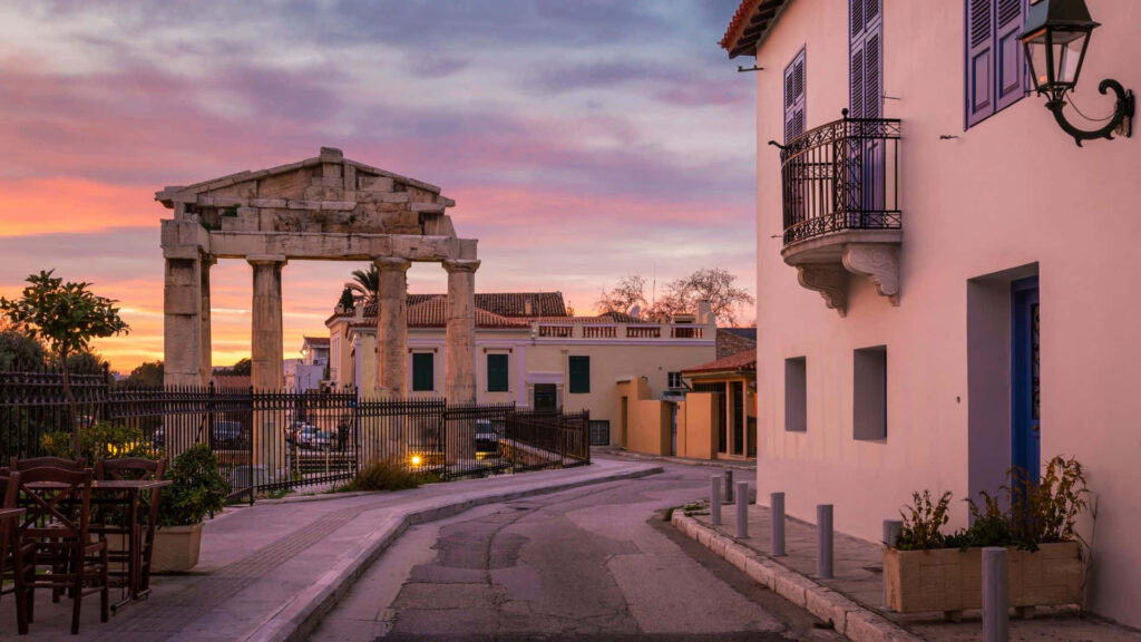 Charming Sunset Street in Greece: Serene Wallpaper Background