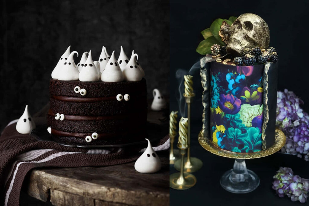Spooky & Elegant Cakes: Ghost Meringues & Floral Skull Design Wallpaper