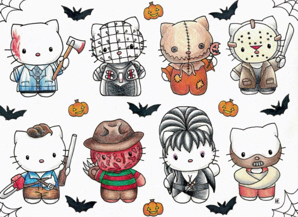 Charming Halloween Hello Kitty Wallpaper with Bats & Pumpkins
