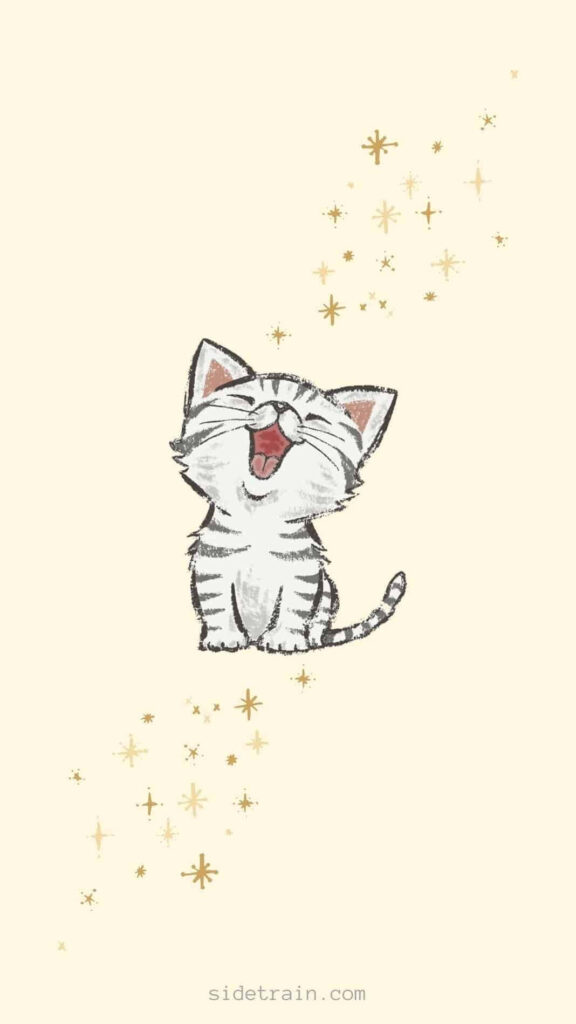 Charming Hand-Drawn Kitten Wallpaper with Sparkling Stars