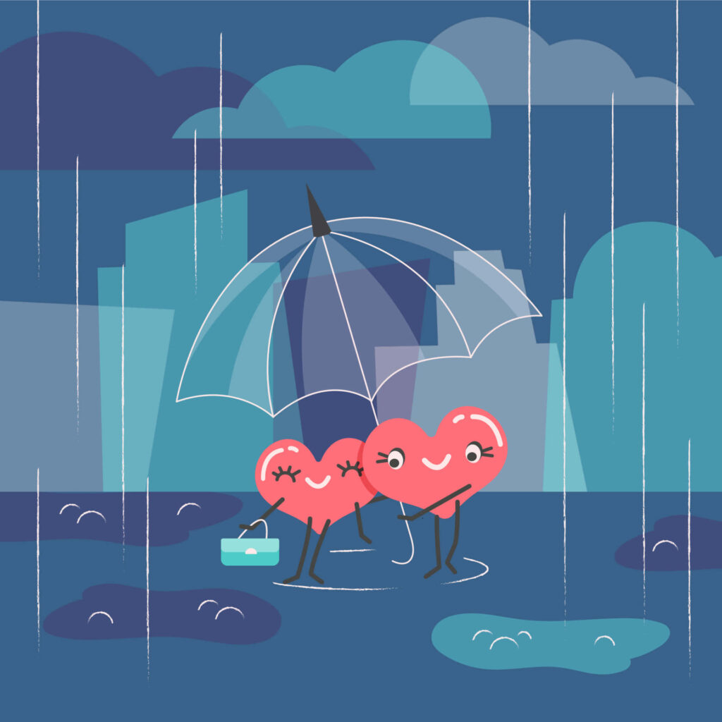 Romantic Heart-Shaped Characters Under Umbrella Wallpaper