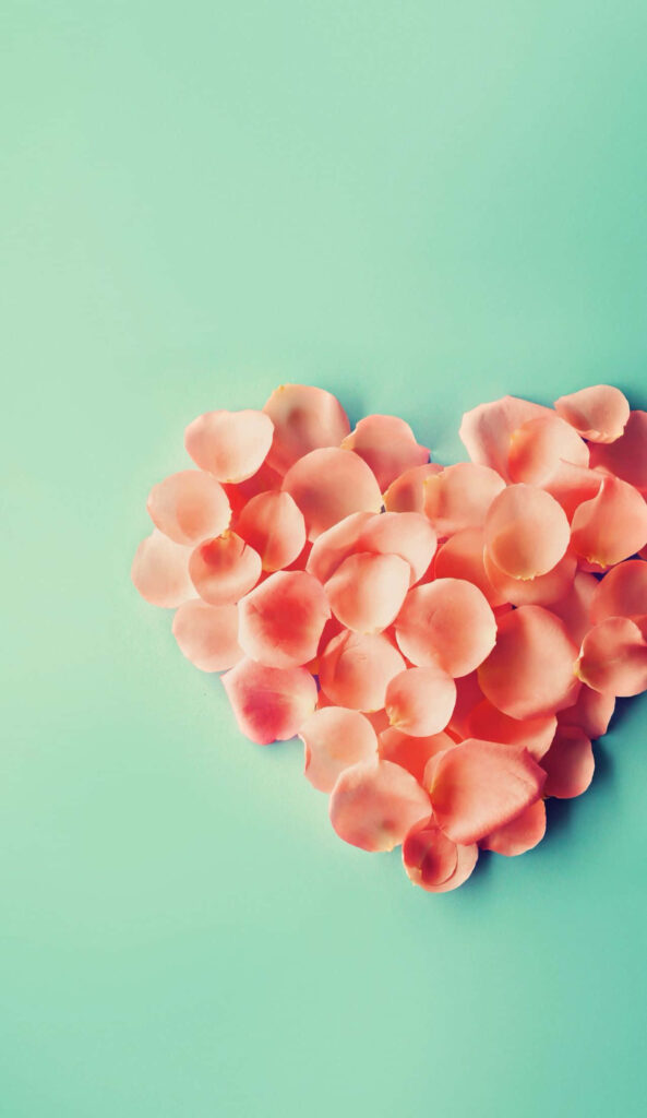 Charming Heart-Shaped Orange Petal Design on Turquoise Wallpaper