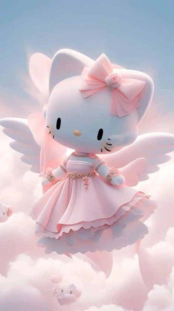 Charming 3D Hello Kitty Angel Wallpaper in Soft Pink Clouds
