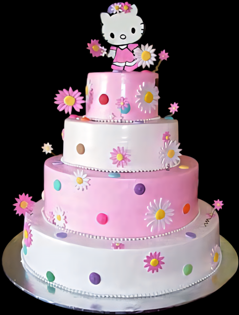 Charming Multi-Tiered Hello Kitty Birthday Cake with Floral Decor Wallpaper