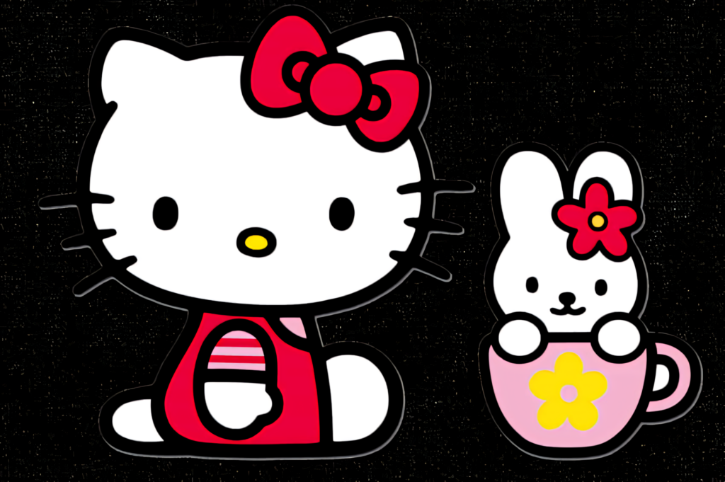 Charming Hello Kitty & Bunny Wallpaper on Textured Black Background
