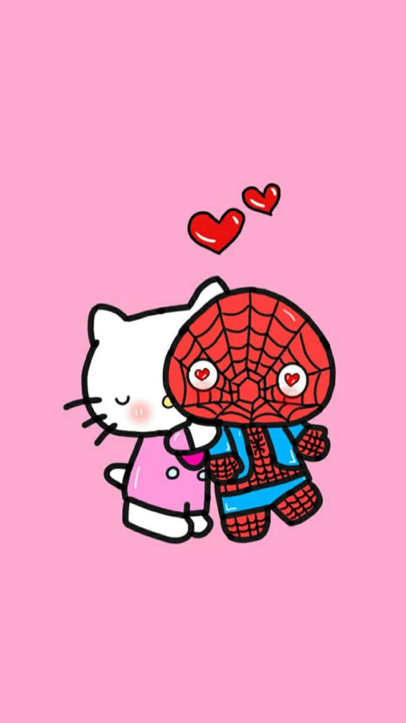 Charming Hello Kitty & Chibi Spiderman Wallpaper on Pink Background