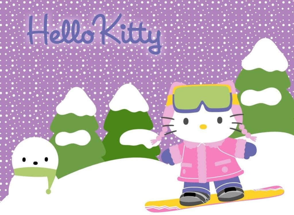 Charming Hello Kitty Christmas Wallpaper: Skiing in Snowy Wonderland