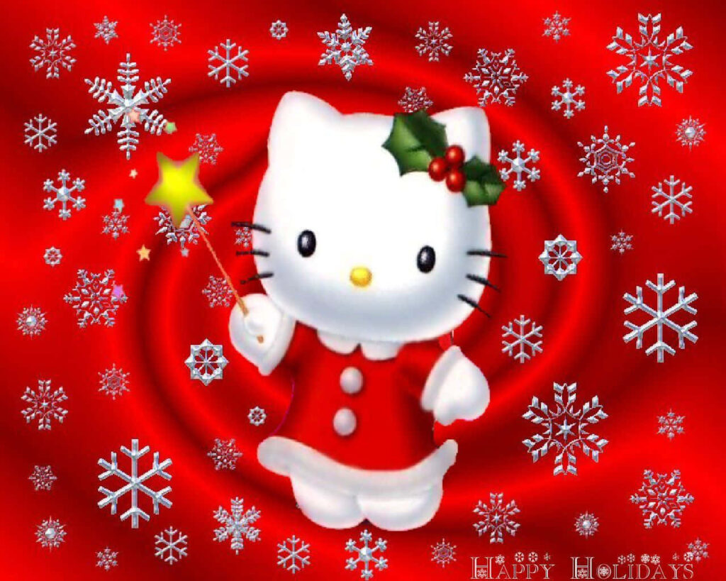 Festive Hello Kitty Christmas Wallpaper with Snowflakes & Holly