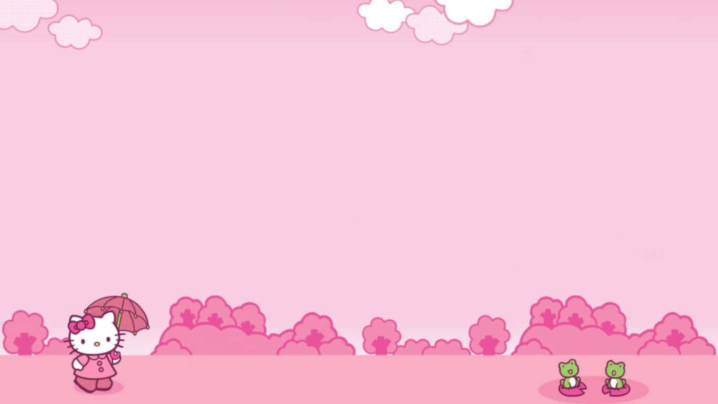 Charming Hello Kitty Wallpaper with Frogs, Clouds & Trees – Pink Aesthetic
