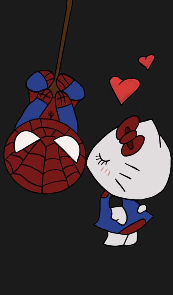 Charming Hello Kitty & Spider-Man Wallpaper on Dark Heart Background