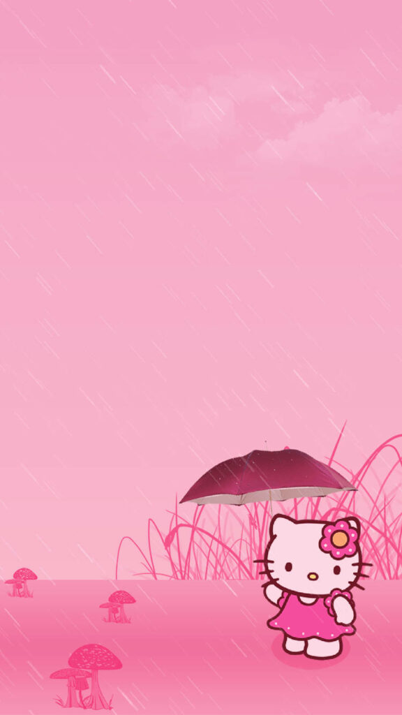 Adorable Hello Kitty Under Pink Umbrella in Charming Rainy Landscape Wallpaper