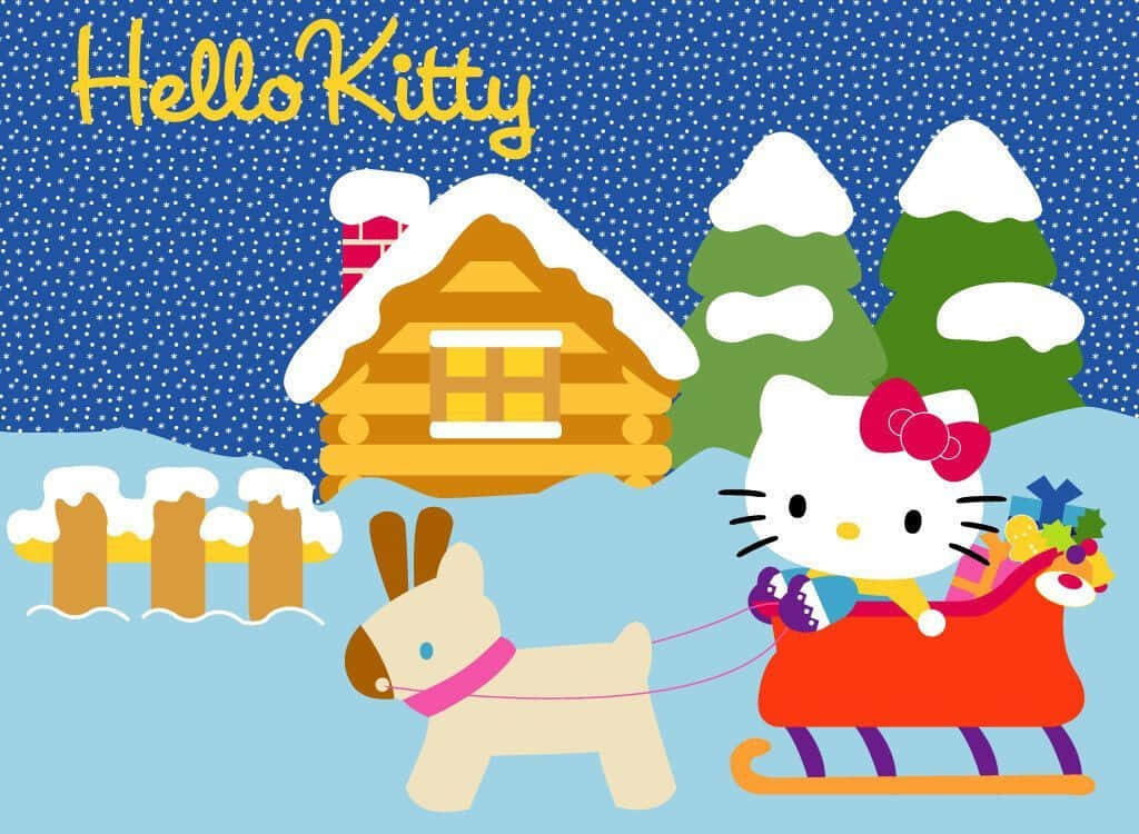 Charming Hello Kitty Holiday Wallpaper: Sleigh Ride in Snowy Scene