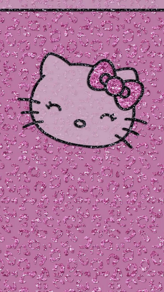 Charming Glittery Pink Leopard Print Wallpaper with Hello Kitty Design