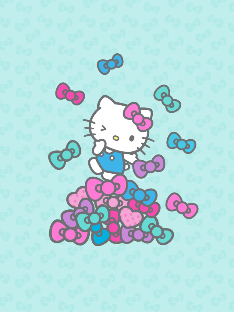 Charming Hello Kitty Wallpaper with Bows on Pastel Blue Background