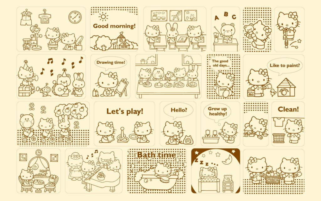 Charming Sanrio Wallpaper with Hello Kitty in Sepia-Toned Playful Scenes