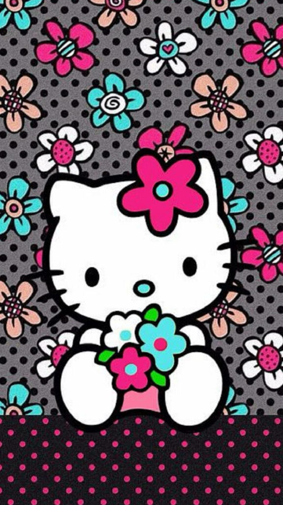Charming Hello Kitty Wallpaper on Dotted Grey with Colorful Flowers
