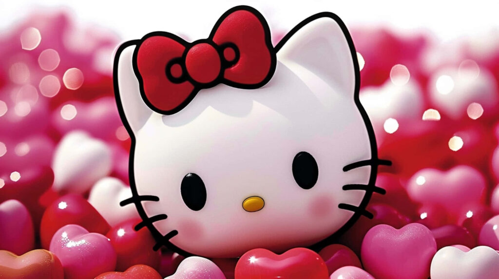 Charming Hello Kitty with Pink & Red Heart Candy Background Wallpaper