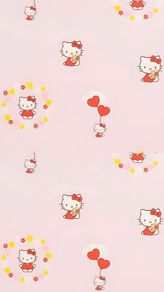 Whimsical Hello Kitty Wallpaper: Soft Pink with Hearts & Flowers