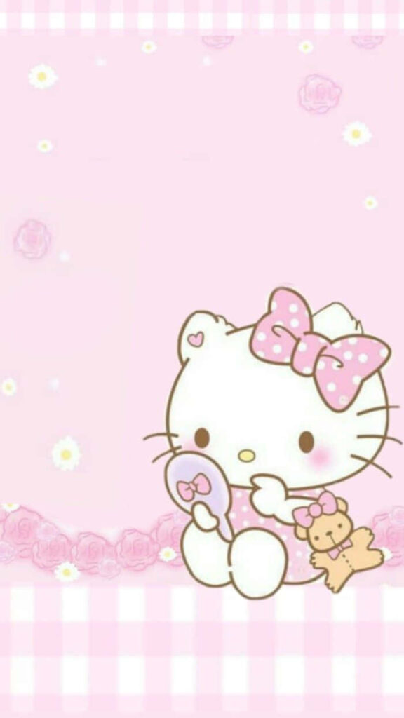 Adorable Hello Kitty Wallpaper with Flowers & Gingham in Pink
