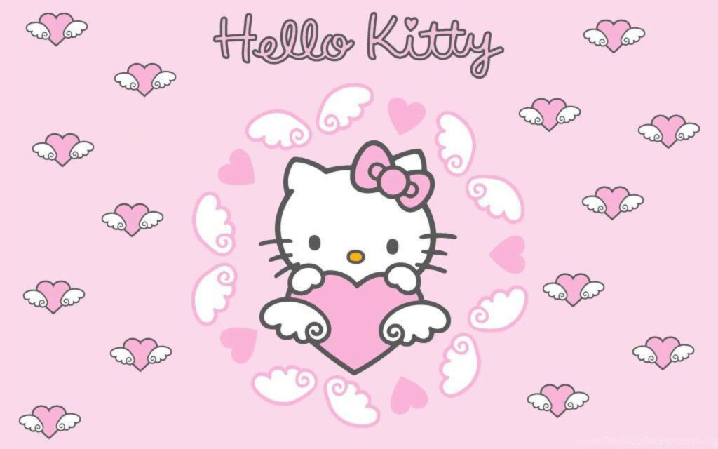 Charming Hello Kitty Wallpaper with Pink Heart and Angel Wings