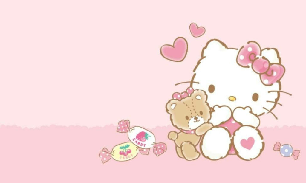 Hello Kitty & Teddy Bear Pink Pastel Wallpaper with Heart Shapes