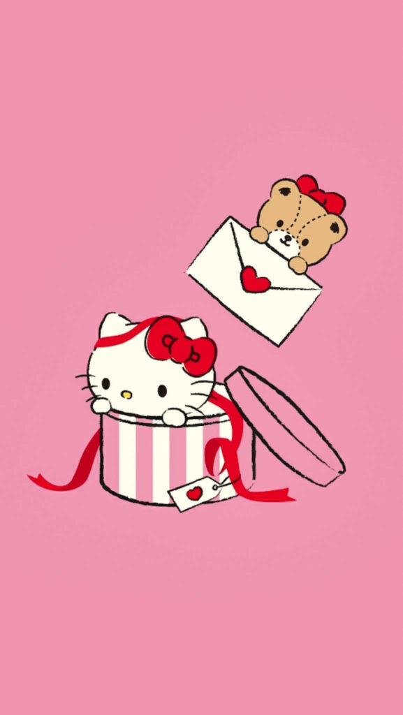 Sweet Hello Kitty Wallpaper: Peeking Gift Box & Teddy Love Letter