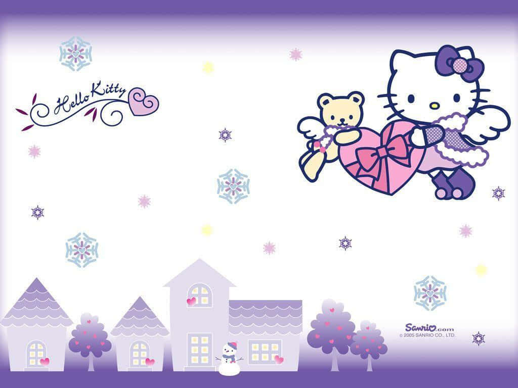 Charming Hello Kitty Winter Wallpaper in Pastel Purples & Snowflakes