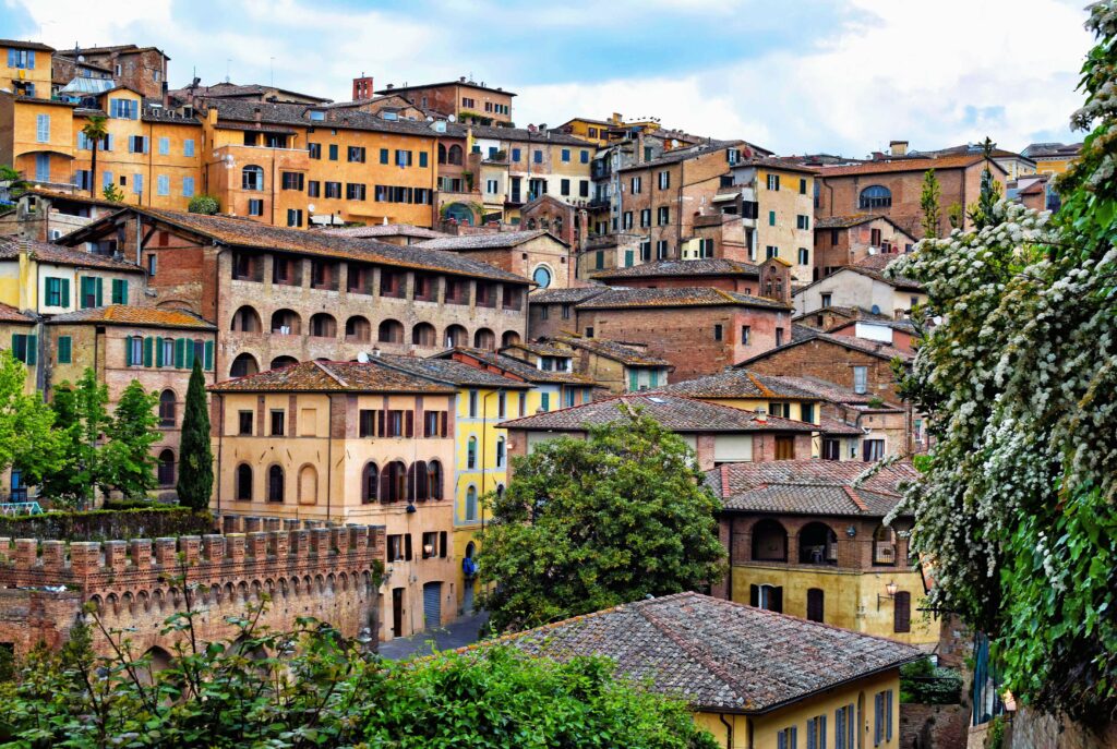 Charming Hillside Town Wallpaper: Tiled Roofs & Lush Greenery Scene