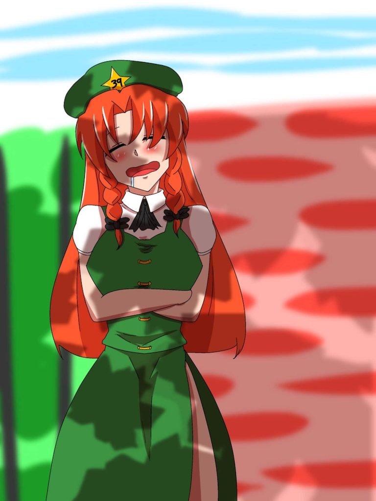 Anime wallpaper of Hong Meiling dozing in green uniform and beret from Touhou Project