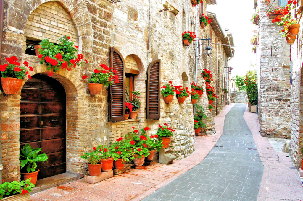 Charming Italian Walkways Wallpaper: Rustic Streets & Vibrant Flowers