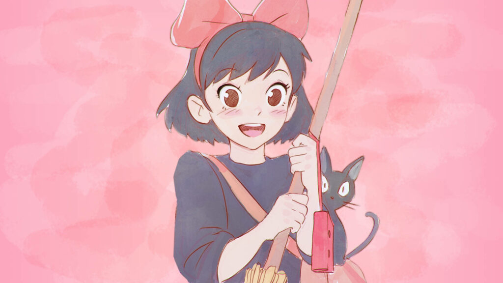 Charming Kiki and Jiji Wallpaper - Cheerful Portrait on Pink Background