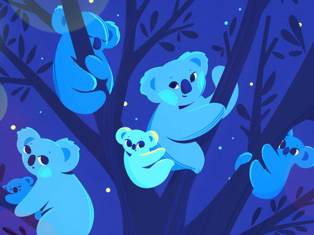 Charming Koala Wallpaper: Adorable Poses on Calming Night Background