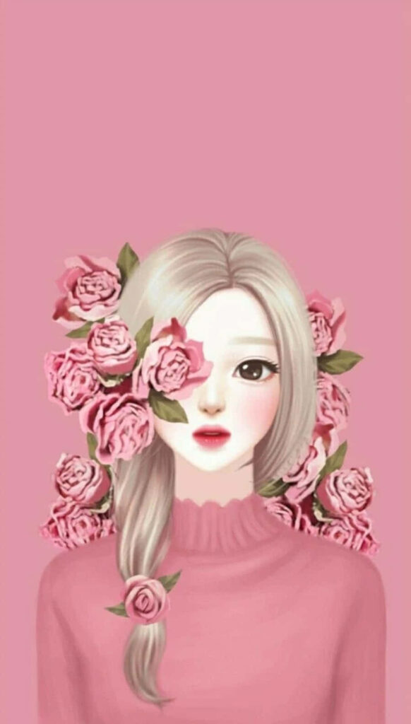 Korean Anime Girl Wallpaper: Serene Pastel Art with Roses