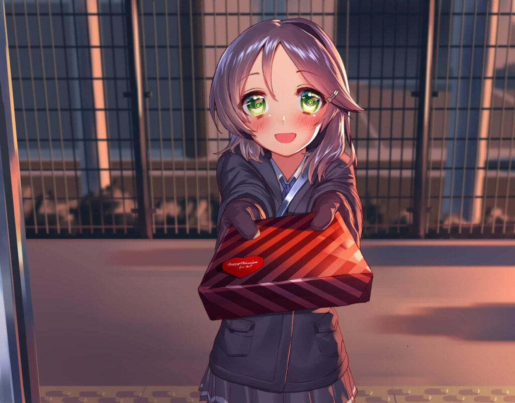 Charming Kuroshio HD Wallpaper: Vibrant Eyes & Blushing Gift Scene