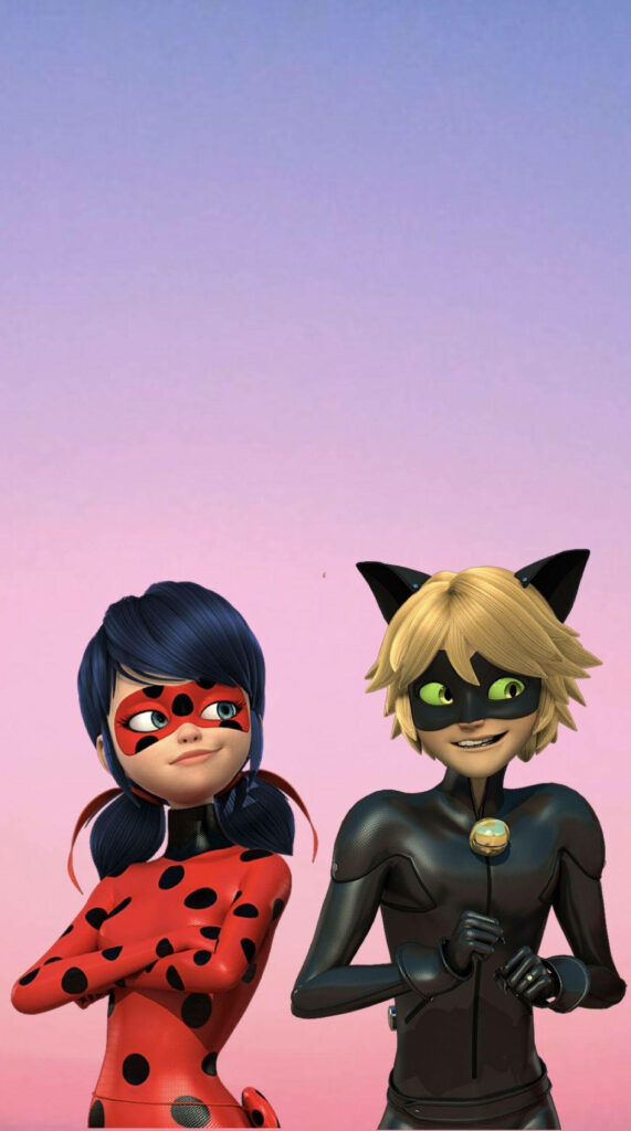 Playful Ladybug & Cat Noir Wallpaper with Pastel Gradient Background