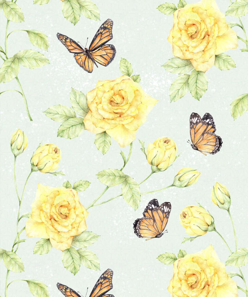 Charming Monarch Butterflies & Milton King Roses Wallpaper Design
