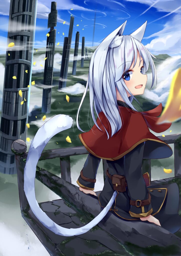 Charming Anime Girl with White Hair: Whimsical Neko Wallpaper