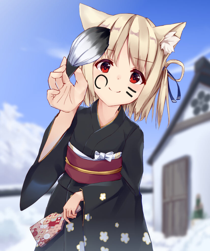Neko Girl in Kimono: Serene Snowy Anime Wallpaper
