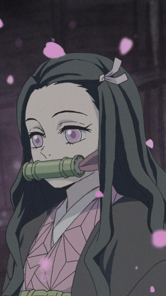 Charming Nezuko Kamado Wallpaper with Pink Hues & Cherry Blossoms