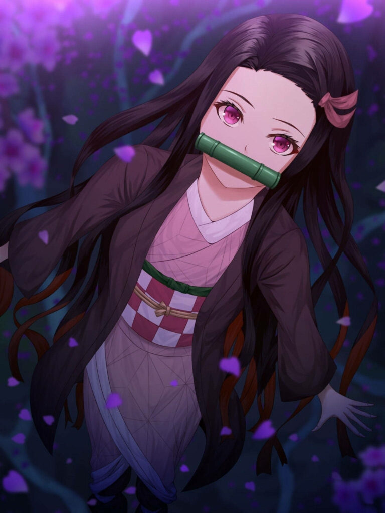 Charming Nezuko Kamado Wallpaper with Dreamy Petal Background