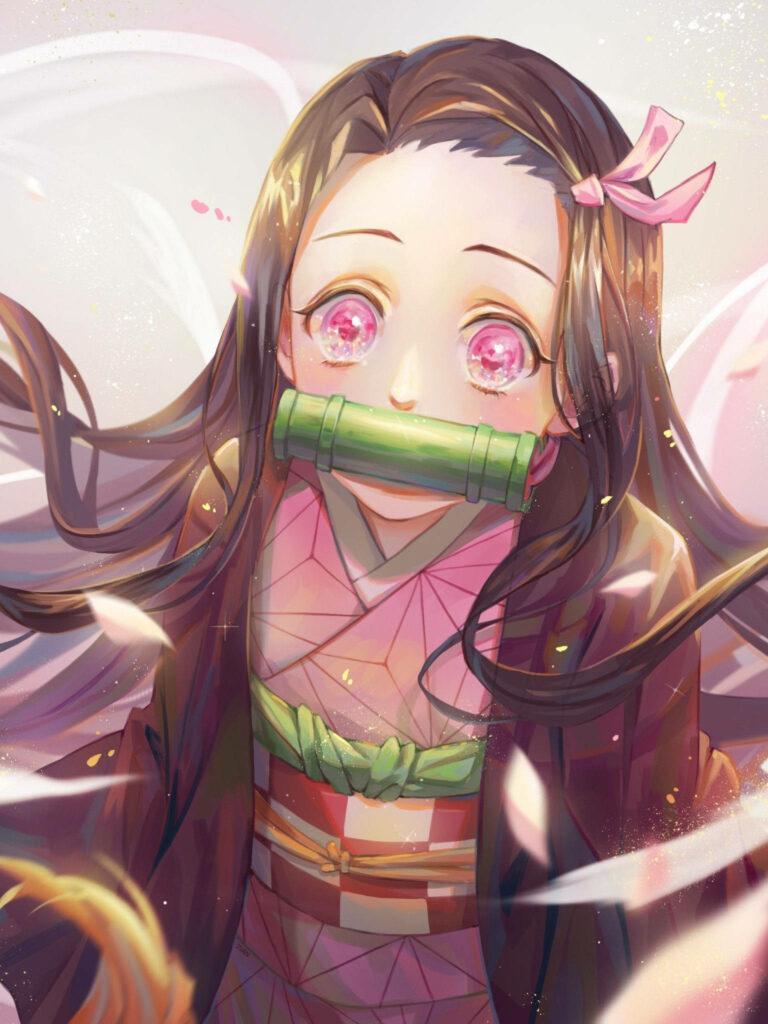 Charming Nezuko Kamado Wallpaper: Cute Pink Eyes & Flowing Hair