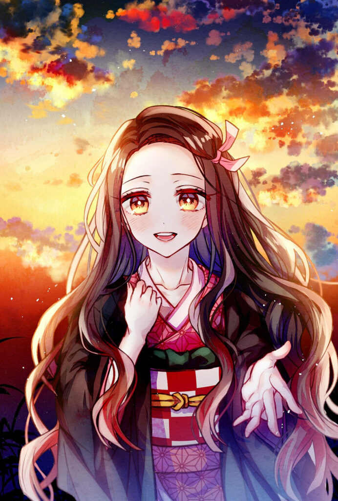 Charming Nezuko Kamado Wallpaper Against a Colorful Sunset