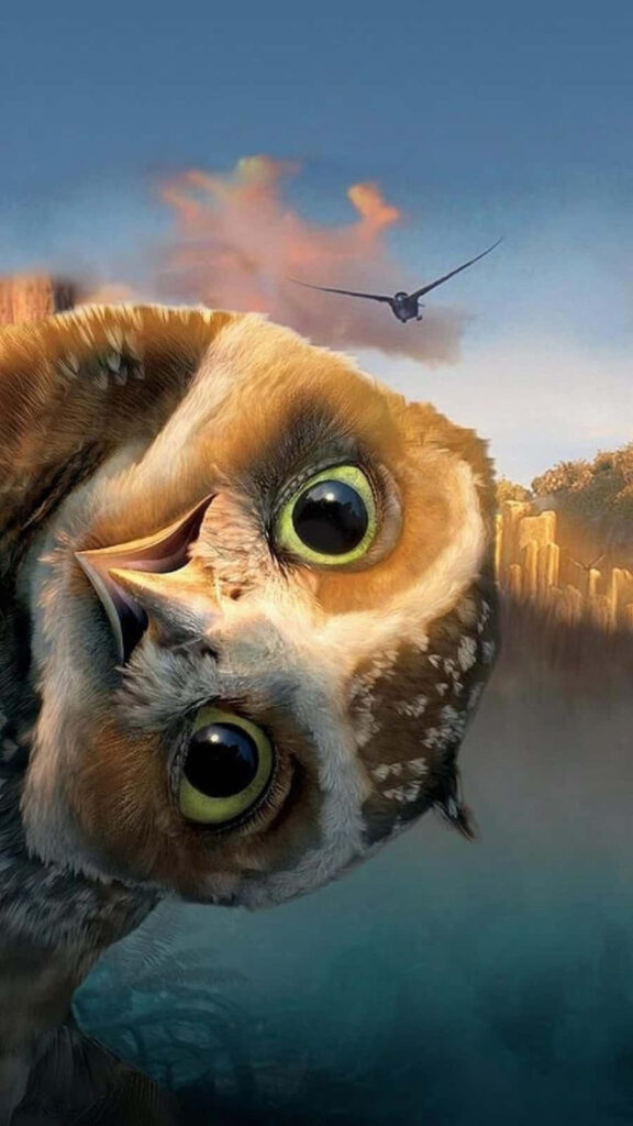 Charming Owl Wallpaper: Whimsical Sky Scene with Flying Bird