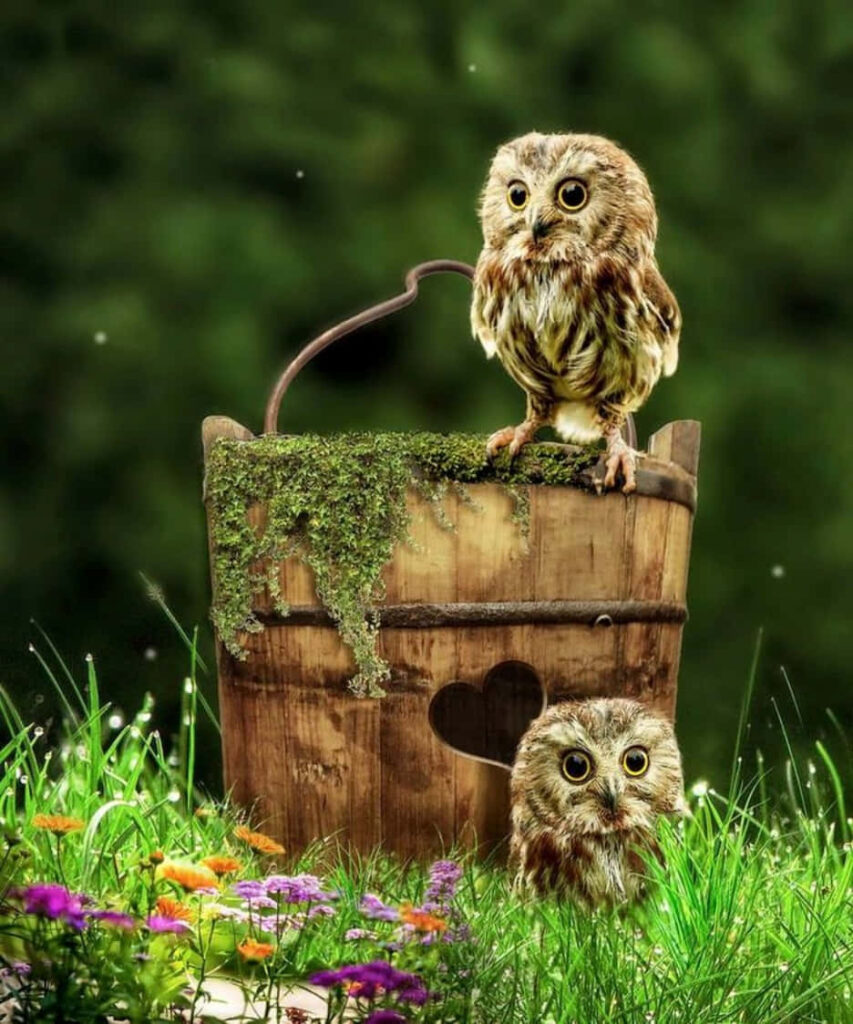 Charming Owls on Rustic Bucket Amidst Wildflowers & Lush Grass Wallpaper