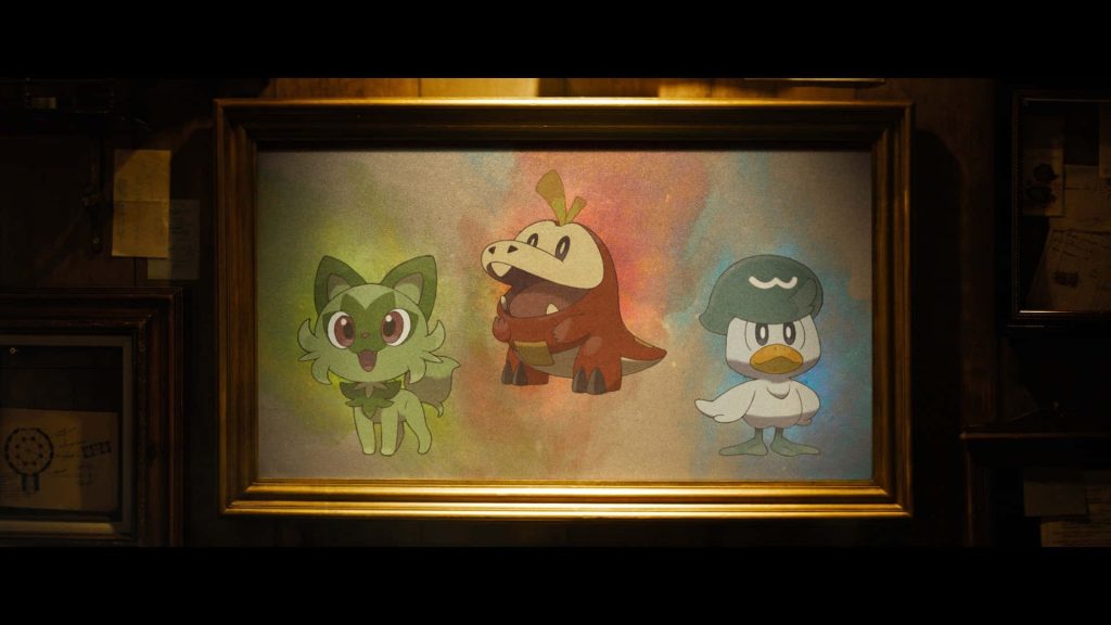 Whimsical framed illustration of Paldea starter Pokémon Sprigatito Fuecoco and Quaxly on textured background Wallpaper