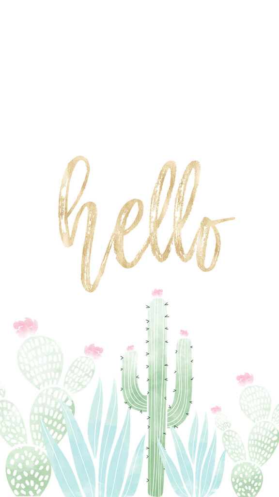 Pastel cactus painting with pink blossoms and gold hello script bright welcoming wallpaper background